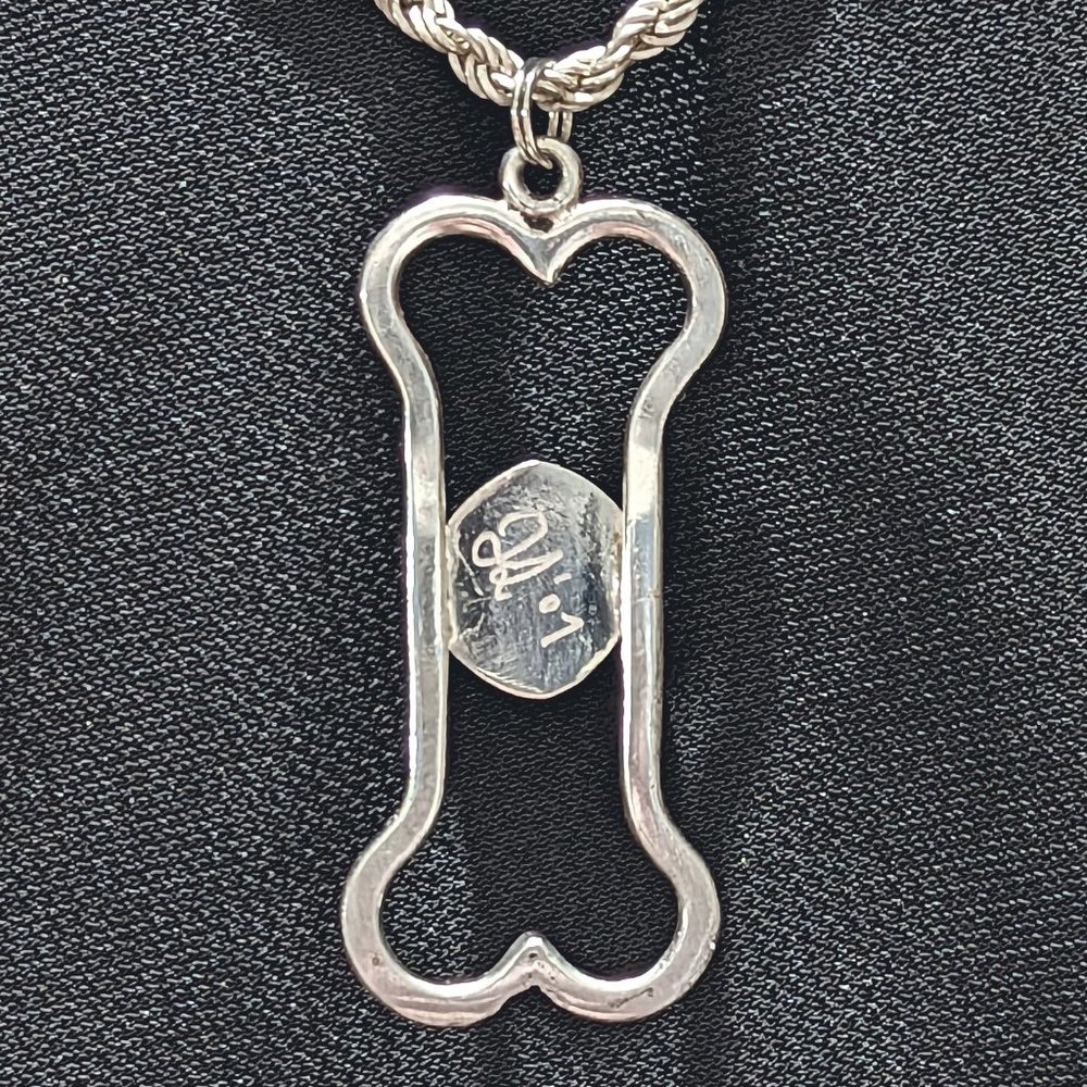 Cast DOG BONE Signed Rainbow Dichroic RULA GLASS 925 Sterling Silver Pendant - Picture 4 of 4